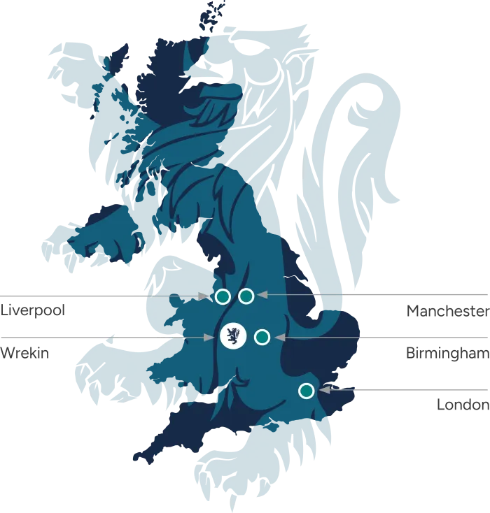 Map of UK showing Wrekins close proximity to Liverpool, Manchester, Birmingham and London